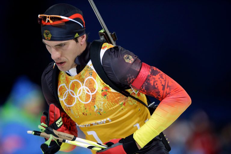 Germany's Arnd Peiffer leaves the shooting range during the men's biathlon 4x7.5K relay at the 2014 Winter Olympics, Saturday, Feb. 22, 2014, in Krasnaya Polyana, Russia. (AP Photo/Lee Jin-man)