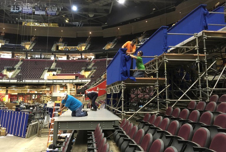 Workers prepare a camera platform inside Quicken Loans Arena in preparation for the Republican National Convention. (AP Photo/Mark Gillispie)