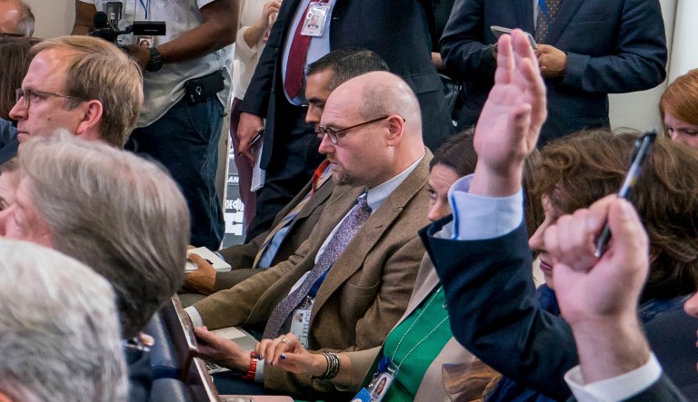 New York Times White House reporter Glenn Thrush has been kicked off his beat and has been suspended from the paper after allegations of sexual misconduct surfaced in a Vox report. (AP Photo/Andrew Harnik)