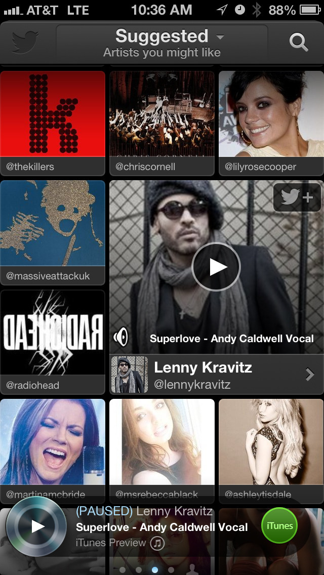 This image taken from an iPhone shows the new Twitter music app. Twitter announced Thursday April 18, 2013, a new app that uses tweets and other Twitter activity to detect the most popular tracks and emerging artists. Twitter #music allows people to go to artists' profiles to see which music they follow, listen to songs by those artists and tweet songs right from the app.(AP Photo/Twitter)