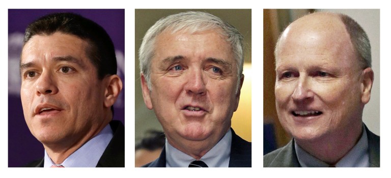 This panel of March 2013 file photos show Republican candidates for U.S. Senate, from left, Gabriel Gomez, Michael Sullivan, and Daniel WInslow, vying for their party's nomination in the special April 30, 2013 primary. (AP Photos)
