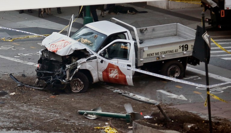 A motorist Tuesday drove a Home Depot truck onto a bike path near the World Trade Center memorial, striking and killing several people in New York City. (AP Photo/Bebeto Matthews)