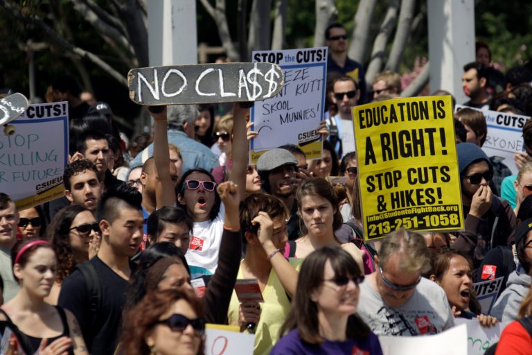 College students, faculty and staff of the California State University system protest state budget cuts to higher education on the campus at California State University, Long Beach Wednesday, April 13, 2011. (AP Photo)Â 