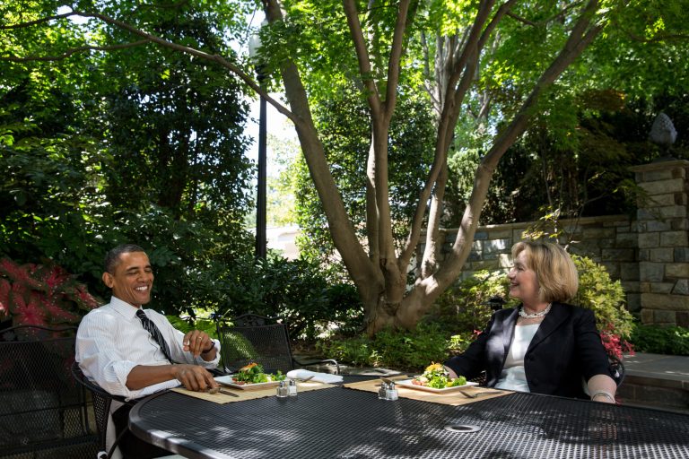 President Barack Obama has lunch with former Secretary of State Hillary Rodham Clinton on the patio outside the Oval Office, July 29. (Official White House Photo by Chuck Kennedy)