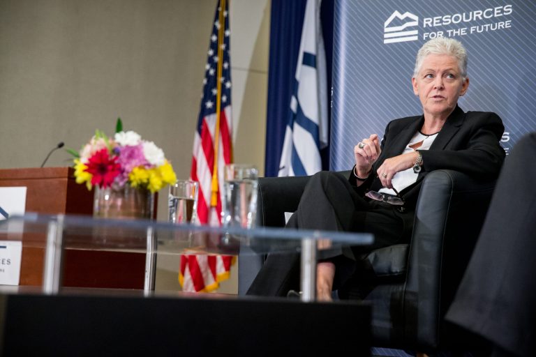 Environmental Protection Agency Administrator Gina McCarthy speaks at a Resources for the Future policy leadership forum. Donald Trump has said he will take action against the Environmental Protection Agency's climate plan in his first 100 days. (AP Photo/Andrew Harnik)