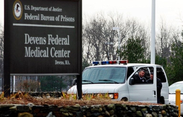 FILE - In this Dec. 5, 2011 file photo, two guards are stationed outside the Devens Federal Medical Center (FMC) in Devens, Mass. The U.S. Marshals Service said Friday, April 26, 2013, that Dzhokhar Tsarnaev, charged in the Boston Marathon bombing April 15, 2013, had been moved from a Boston hospital to the federal medical center at Devens, about 40 miles west of the city. (AP Photo/Elise Amendola, File)