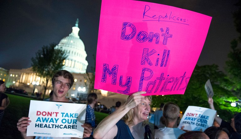 Demonstrators rally outside of the Capitol as the Republican majority in Congress remains stymied by their inability to fulfill their political promise to repeal and replace 
