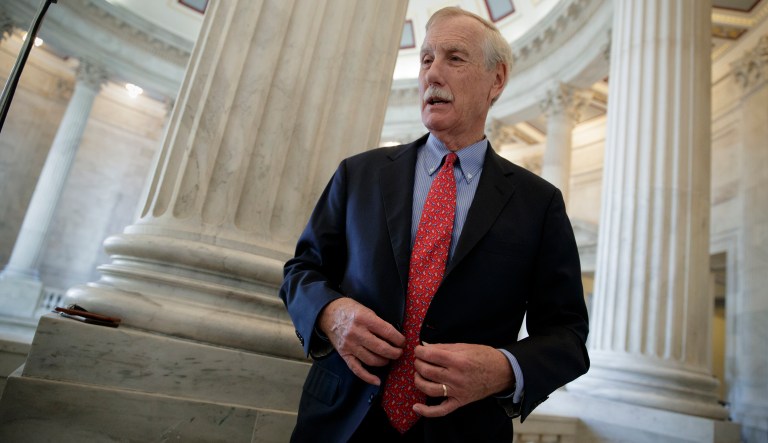Sen. Angus King, I-Maine, does a TV news interview after telling the Senate last night that the Republican effort to overhaul the tax code should be slowed down in order to hold hearings on the massive $1.4 trillion bill, on Capitol Hill in Washington, Friday, Dec. 1, 2017. (AP Photo/J. Scott Applewhite)