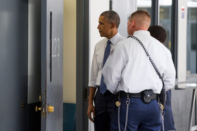 President Obama looks inside a cell during a visit to the El Reno Federal Correctional Institution in El Reno, Okla., Thursday, July 16, 2015. (AP Photo/Evan Vucci)