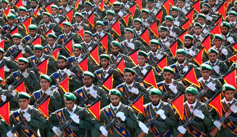 Iran's Revolutionary Guard troops march in a military parade marking the 36th anniversary of Iraq's 1980 invasion of Iran, in front of the shrine of late revolutionary founder Ayatollah Khomeini, just outside Tehran, Iran, Wednesday, Sept. 21, 2016.