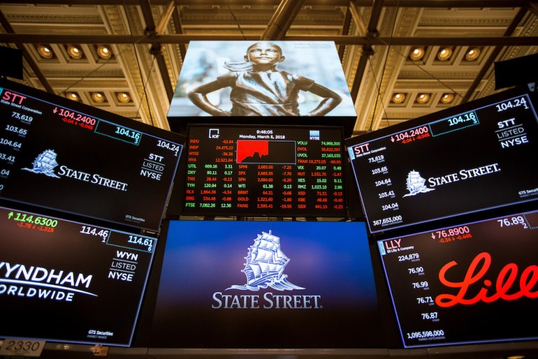 A monitor on the floor of the New York Stock Exchange. Major U.S. stock indexes tumbled Wednesday following the departure of Trump administration economic adviser Gary Cohn, a former Goldman Sachs banker seen as a moderating influence on the president's more protectionist trade impulses. (Michael Nagle/Bloomberg)