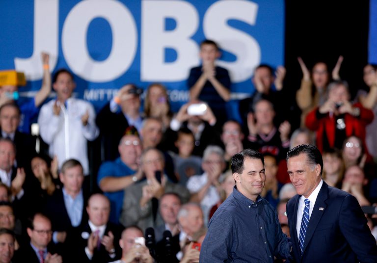 Mitt Romney and Wisconsin Gov. Scott Walker (AP photo)