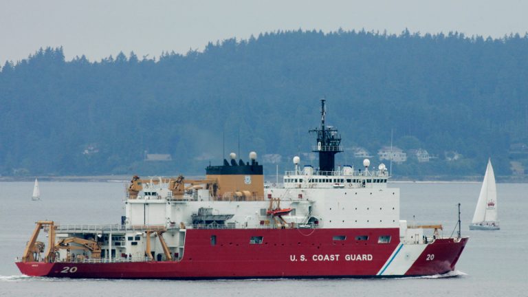 FILE - This Aug. 6, 2007 file photo shows the U.S. Coast Guard icebreaker Healy leaving Seattle for a scientific mission in the Arctic that will include breaking ice well north of Barrow, Alaska. The U.S. is racing to keep pace with stepped-up activity in the once sleepy Arctic frontier, but it is far from being in the lead. (AP Photo/Ted S. Warren, File)