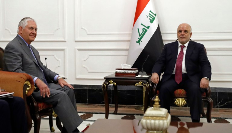 Tillerson arrived in Baghdad for talks with senior officials about Iran, a newly invigorated Kurdish independence movement and efforts to rebuild after the defeat of ISIS in major towns and cities. (AP Photo/Alex Brandon, Pool)