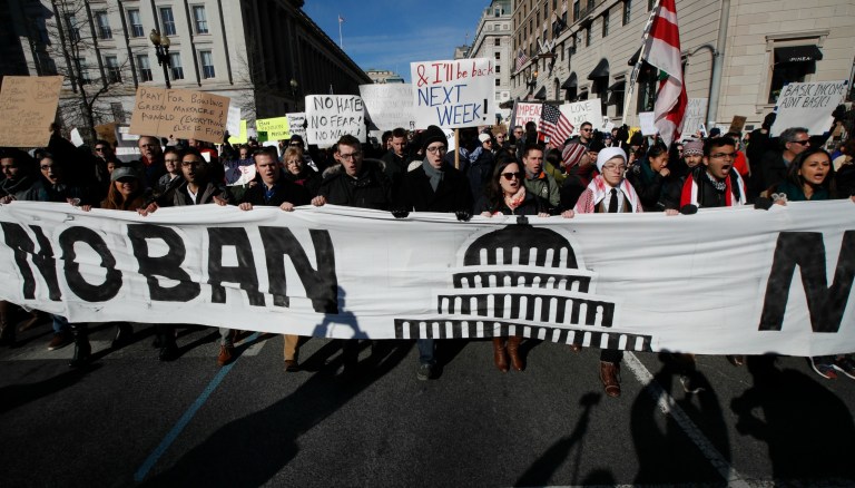 The Justice Department's August Flentje argued for the 9th Circuit to stay the restraining order. (AP Photo/Manuel Balce Ceneta)