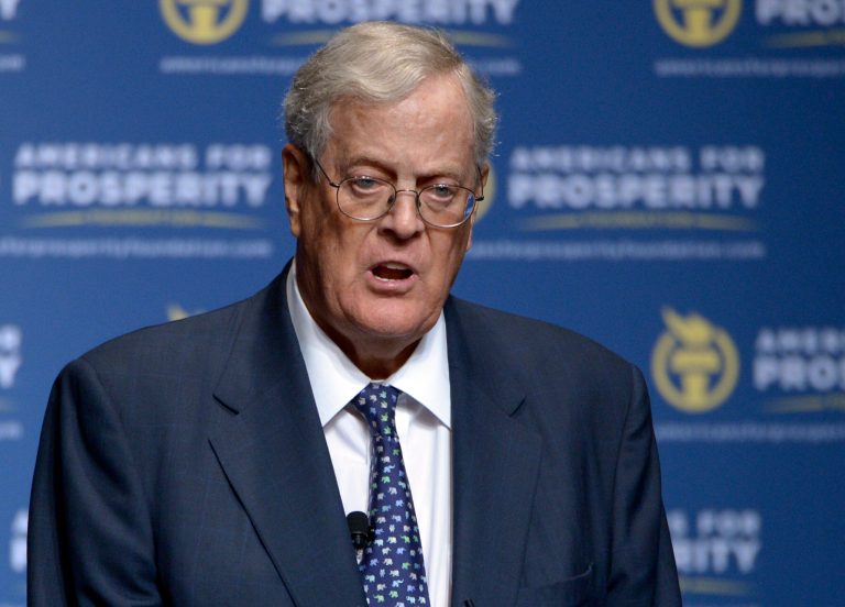FILE - In this Aug. 30, 2013, file photo, Americans for Prosperity Foundation Chairman David Koch speaks in Orlando, Fla. Americans for Prosperity is launching an effort to kill the legislative appropriation that is the key to Detroit's bankruptcy settlement. (AP Photo/Phelan M. Ebenhack, File)