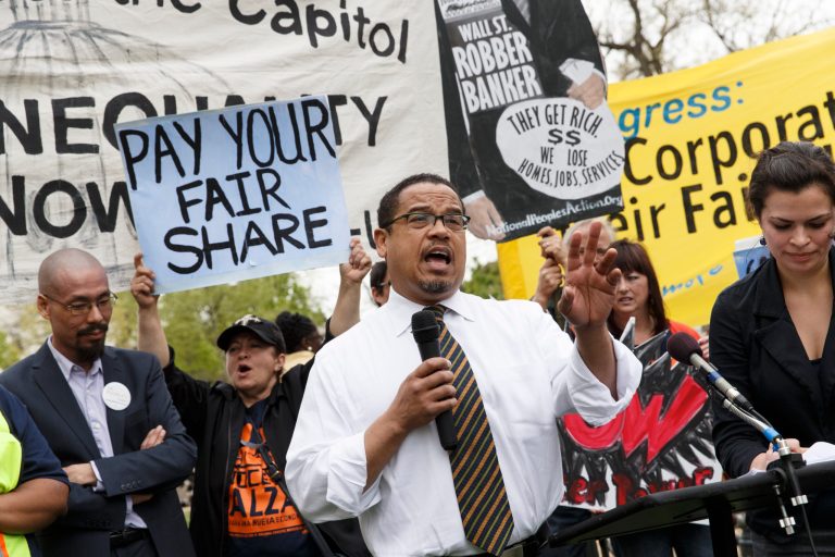 Rep. Keith Ellison, D-Minn. joins low-wage workers at a rally outside the Capitol in Washington, Monday, April 28, 2014, to urge Congress to raise the minimum wage as lawmakers return to Washington following a two week hiatus. Democrats been pushing to lift the minimum wage but even if any legislation is passed in the Senate, it is certain to be ignored in the Republican-controlled House.  (AP Photo)