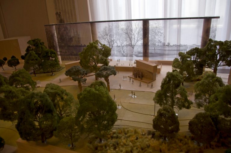 A portion of a model of  a memorial honoring Dwight D. Eisenhower is seen during a public meeting of the Eisenhower Memorial Commission on Capitol Hill in Washington, Wednesday, to discuss the continued controversy over Frank Gehry's design. (AP Photo/Carolyn Kaster)