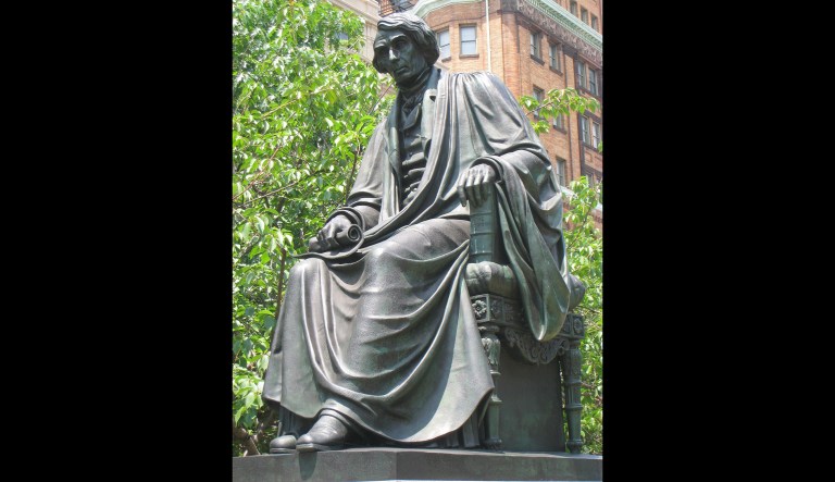 The statue of Roger B. Taney, erected in 1872, was taken away and put in storage around 2 a.m. Friday morning. (By William Henry Rinehart/Own work Daderot, Wikipedia)