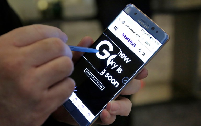 The three largest U.S. airlines said Friday their staffs will tell passengers to power off Samsung Galaxy Note 7 phones before and during flights due to worries about the phone's fire-prone batteries. (AP Photo/Richard Drew)