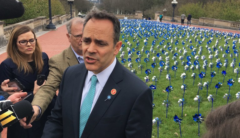 Kentucky unions are suing Republican Gov. Matt Bevin for signing a right-to-work law. (AP Photo/Adam Beam)
