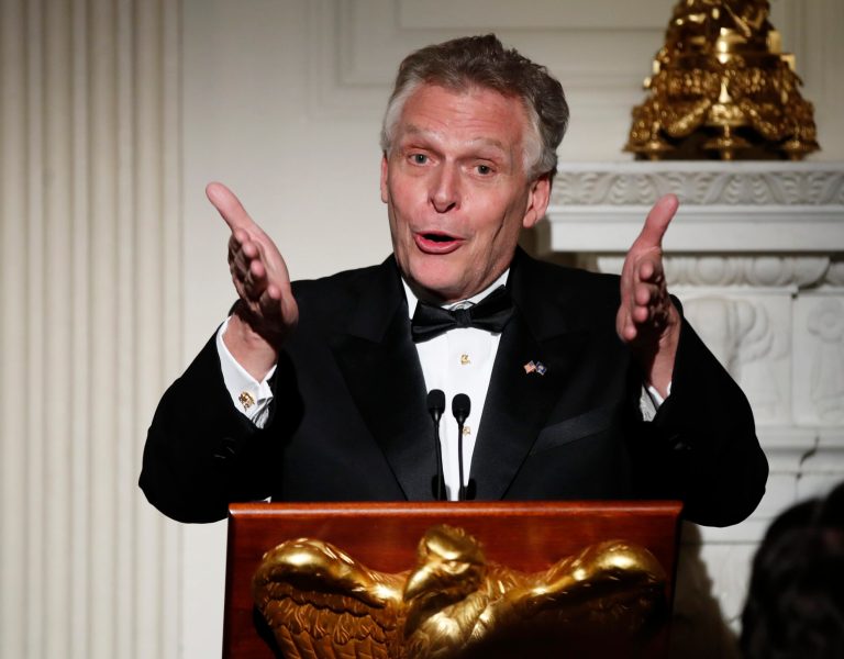 National Governors Association Chair Virginia Gov. Terry McAuliffe speaks at a dinner reception for the governors during the annual National Governors Association winter meeting Sunday, Feb. 26, 2017, at the State Dining Room of the White House in Washington. (AP Photo/Manuel Balce Ceneta)