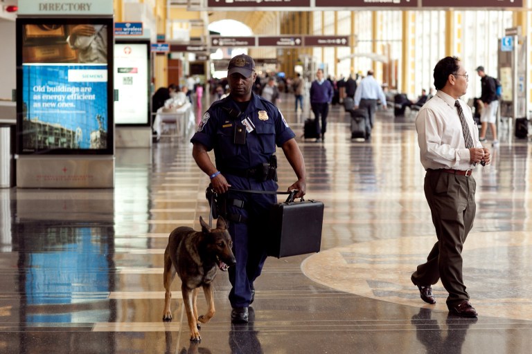 A Metropolitan Washington Airports Authority police officer at the main terminal of Reagan National Airport. (Examiner file photo)