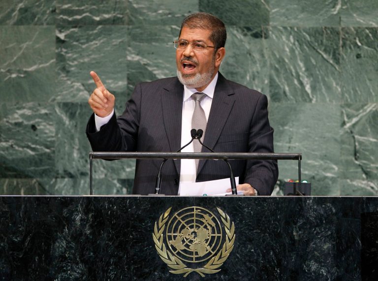 Mohammed Morsi, President of Egypt, addresses the 67th session of the United Nations General Assembly at U.N. headquarters, Wednesday, Sept. 26, 2012. (AP Photo/Jason DeCrow)
