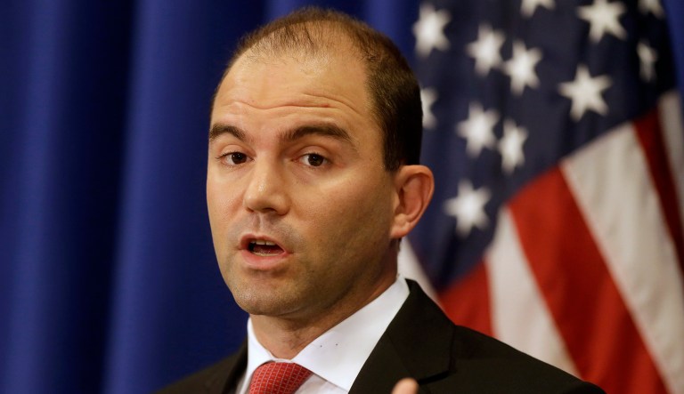Deputy National Security Adviser for Strategic Communications and Speechwriting Ben Rhodes speaks to reporters during a press briefing, Friday, Aug. 22, 2014, in Edgartown, Mass., on the island of Martha's Vineyard. (AP Photo/Steven Senne)