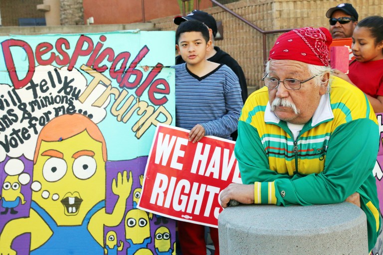 A top lawyer is suggesting Donald Trump sue his protesters. (AP Photo/Ryan VanVelzer)