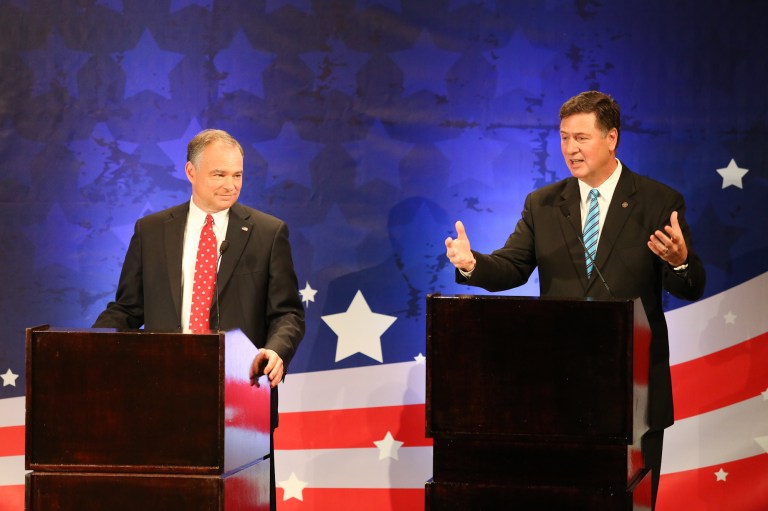 Democratic candidate Tim Kaine and Republican candidate George Allen face off in a debate for the Virginia U.S. Senate seat on Sept. 20, 2012. (Graeme Jennings/Examiner)