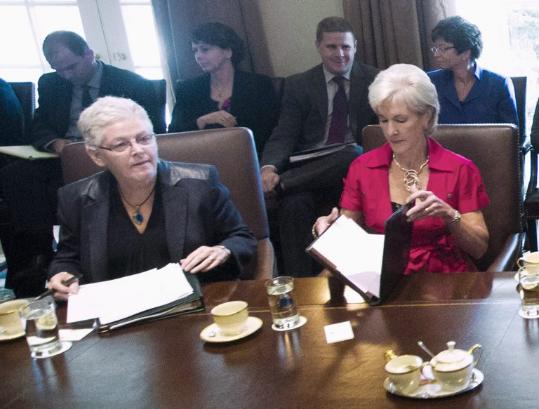 Kathleen Sebelius, right, and Gina McCarthy, left, have just handed Harry Reid a priceless opportunity to prove his many avowals of being willing to put partisanship aside for the good of the country. (AP/Pablo Martinez Monsivais)