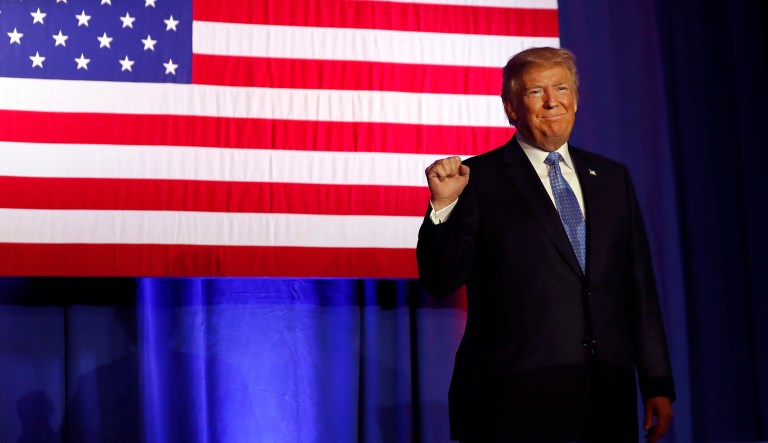 President Trump arrives to speak about tax reform in Indianapolis. (AP Photo/Alex Brandon)