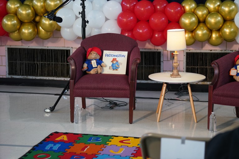 Paddington the bear, along with a book of the character.