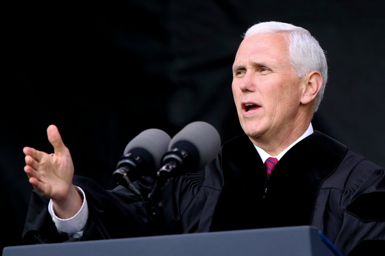 Vice President Michael Pence speaks at the commencement ceremony at Grove City College, Saturday, May 20, 2017, in Grove City, Pa.(AP Photo/Keith Srakocic)