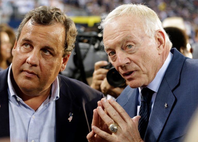 New Jersey Gov. Chris Christie, left, and Dallas Cowboys owner Jerry Jones talk before a football game in Arlington, Texas, on Sept. 8. (AP/LM Otero)