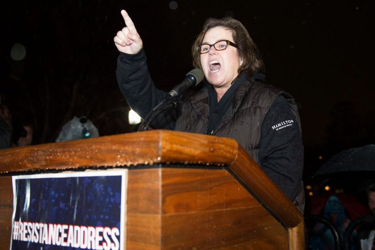 Rosie O'Donnell speaks at a rally calling for resistance to President Donald Trump, Tuesday, Feb. 28, 2017, in Lafayette Park in front of the White House in Washington, prior the president's address to a joint session of Congress. (AP Photo/Cliff Owen)