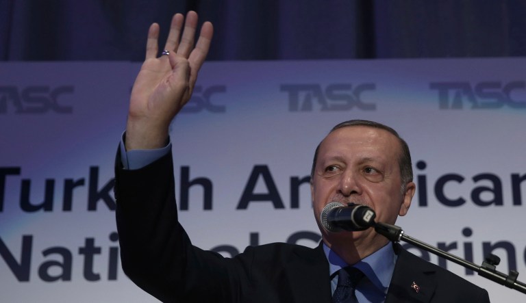 Videos posted on social media reportedly show Erdogan's bodyguard punching an American protester and other numerous people being beat up. (Pool Photo via AP)