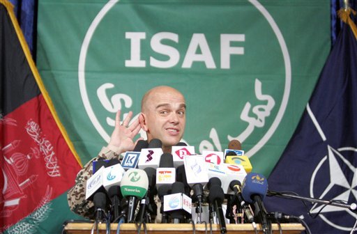German Brig. Gen. Gunter Katz, NATO spokesman, listens to a question during a press conference in Kabul, Afghanistan, Monday, July 9, 2012. All six troops killed in a weekend roadside bombing in eastern Afghanistan were Americans, NATO confirmed Monday. (AP Photo/Ahmad Nazar)