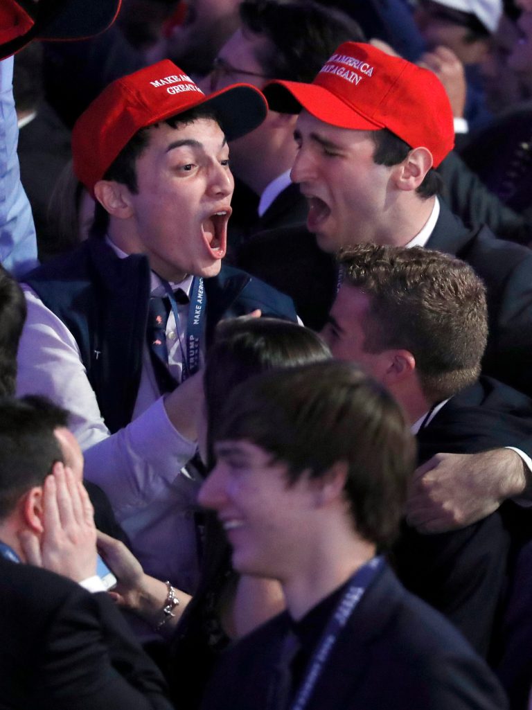 Supporters of Republican presidential candidate Donald Trump react as they watch the election results during Trump's election night rally, Tuesday, Nov. 8, 2016, in New York. Social media helped with younger voters. (AP Photo/John Locher)