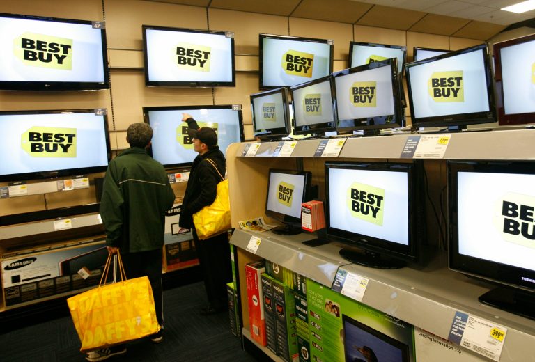 In this Nov. 13, 2009 file photo, a display of flat screen TV's is shown on the opening day of a Best Buy store in New York. (AP Photo/Mark Lennihan)