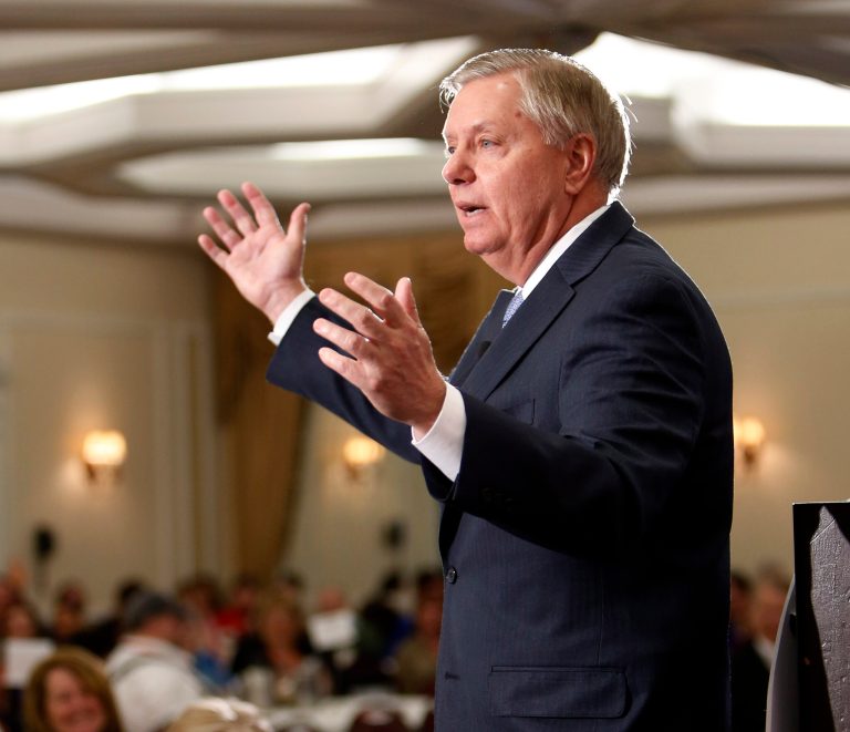 U.S. Sen. Lindsey Graham, R-S.C., speaks at the Republican Leadership Summit Saturday, April 18, 2015, in Nashua, N.H. (AP Photo/Jim Cole)
