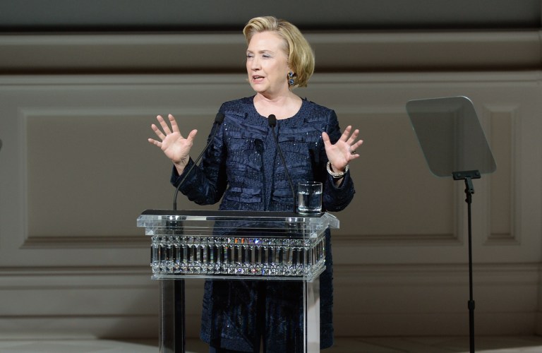 Hillary Clinton speaks onstage at the 2013 Council of Fashion Designers of America Fashion Awards on June 3, 2013 in New York, United States. (Photo by Theo Wargo/Getty Images)