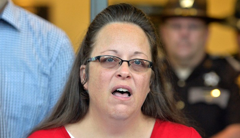 Kim Davis, the Kentucky county clerk jailed for five days in 2015 for refusing to issue same-sex marriage licenses, is touring Romania in support of a campaign to block legal recognition of such unions there. (AP Photo/Timothy D. Easley, File)