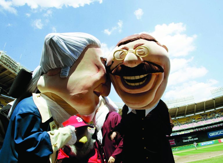 Pablo Martinez Monsivais/AP
The Teddy Roosevelt mascot, right, has never won a the Presidents Race at Nationals Park, losing more than 500 times.