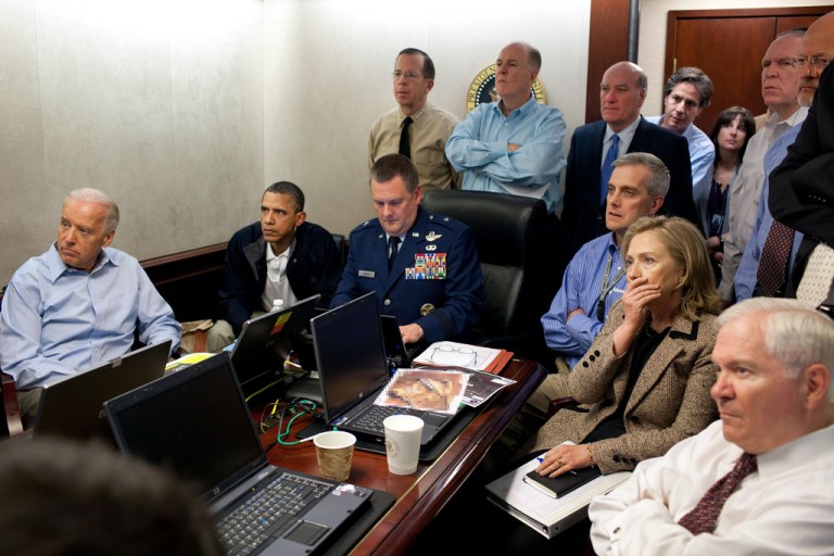 President Obama and Vice President Joe Biden, along with members of the national security team, receive an update on the mission against Osama bin Laden in the Situation Room of the White House on May 1, 2011. (Official White House Photo by Pete Souza)