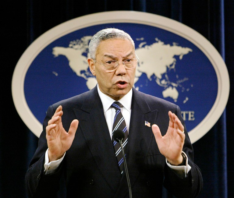 FILE - In this Jan. 8, 2004, file photo, then-Secretary of State Colin Powell speaks at a news conference in Washington at the State Department. A document circulating among White House staff says a Senate report on the CIA's interrogation and detention practices after the 9/11 attacks concludes that the agency initially kept Powell and some U.S. ambassadors in the dark about harsh techniques and secret prisons. (AP Photo/J. Scott Applewhite, File)