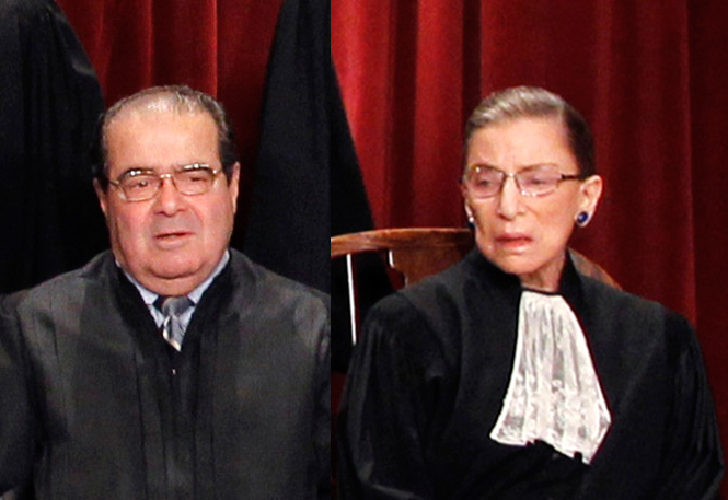 Supreme Court Justice Ruth Bader Ginsburg mourned the late Antonin Scalia, her ideological rival but best buddy on the court, in a statement Sunday. (AP Photos)