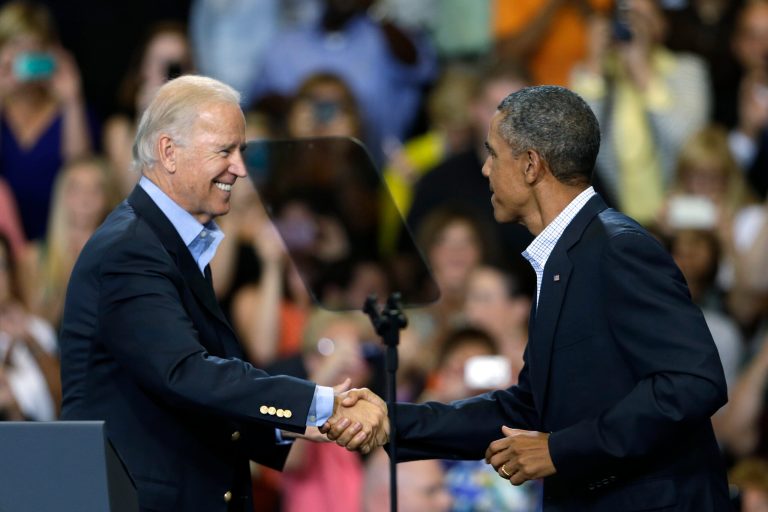 FILE - In this Aug. 23, 2013, file photo, President Barack Obama, right, is greeted by Vice President Joe Biden during a visit to Lackawanna College in Scranton, Pa. Western Pennsylvania is getting a 