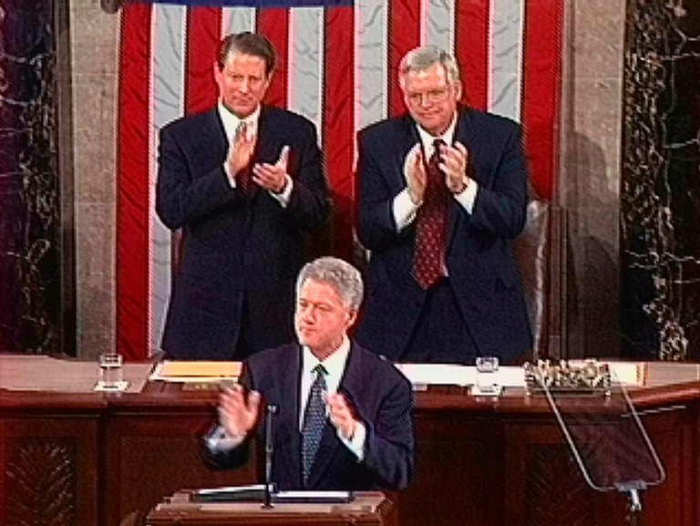 President Clinton delivers the State of the Union address to a joint session of Congress, as Vice President Al Gore and House Speaker Dennis Hastert, R-Ill., applaud, Jan. 19, 1999, in Washington. (AP Photo/APTN)